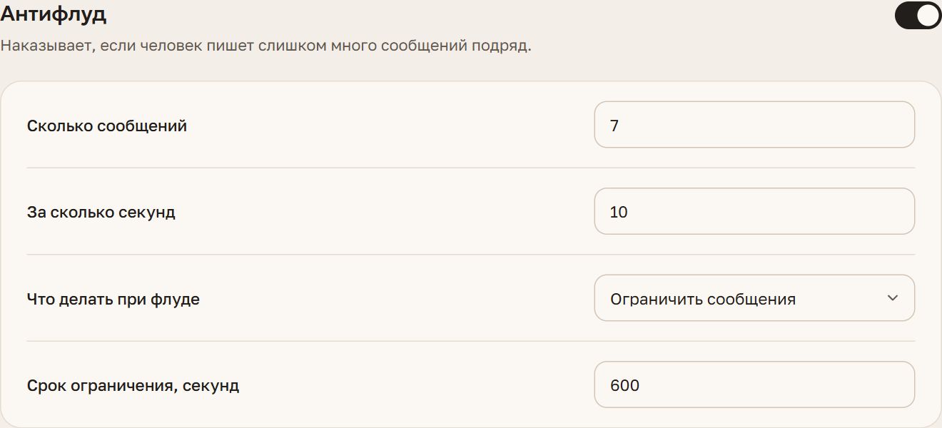Вкладка «Антифлуд» в панели