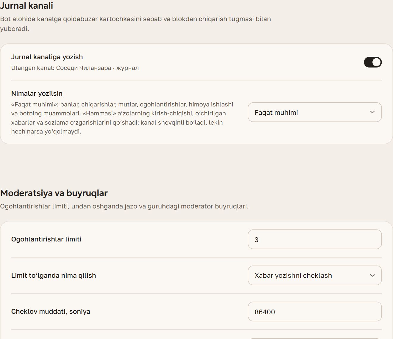 Paneldagi «Buyruqlar» bo‘limi