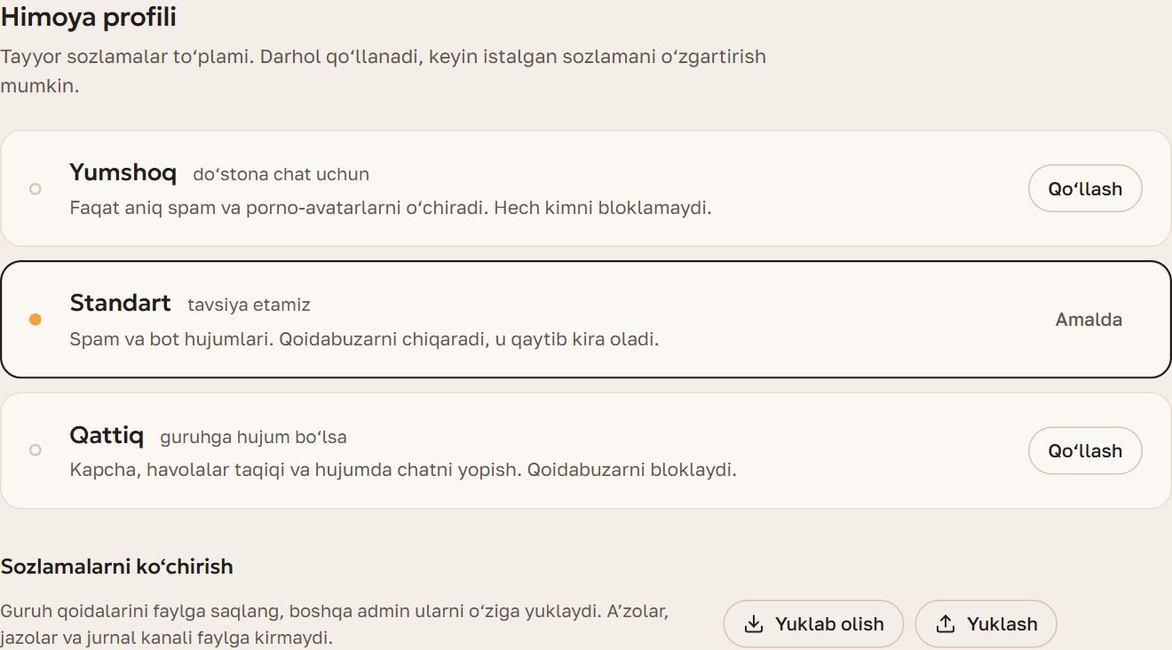 Paneldagi «Himoya profili» bo‘limi