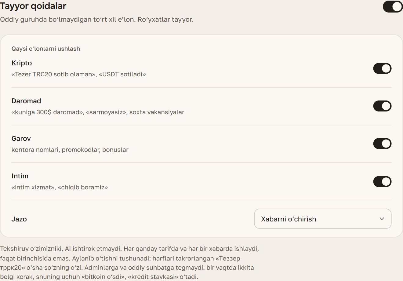Paneldagi «Tayyor qoidalar» bo‘limi